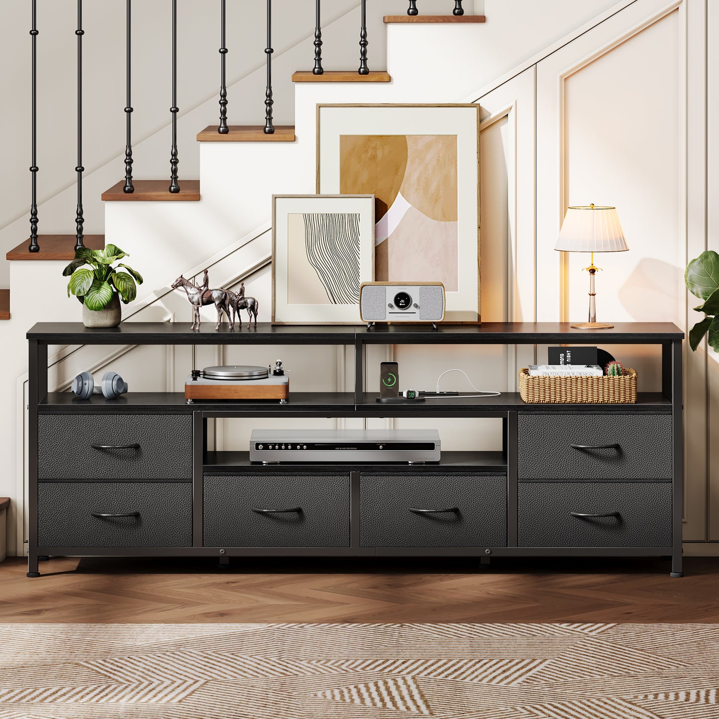 Furologee 63 Inch TV Stand with 6 Drawers, Entertainment Center with Power Outlets and LED Lights, for 65/70 inch TVs, Media Console Table with Open Storage Shelves, for Living Room, Bedroom, Black