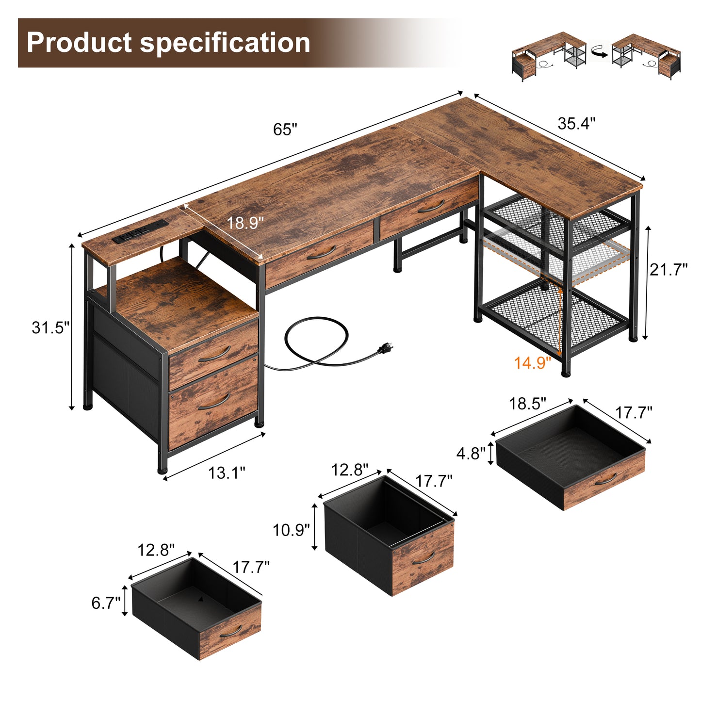 Furologee L Shaped Office Desk with Power Outlets, 65 Inch Home Office Desk with 3 Fabric Drawers & File Cabinet, Reversible Corner Computer Desk with Printer Stand, for Work, Study, Rustic Brown
