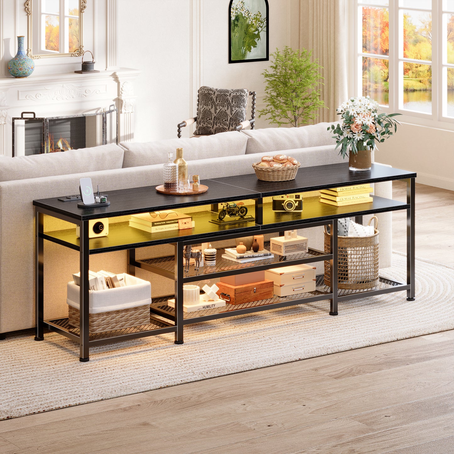 Furologee 63" Long Entryway Console Table with Power Outlets and LED Lights, Sofa Table with Open Shelves, for 60 65 70 Inch TVs, for Hallway, Entrance, Living Room, Black