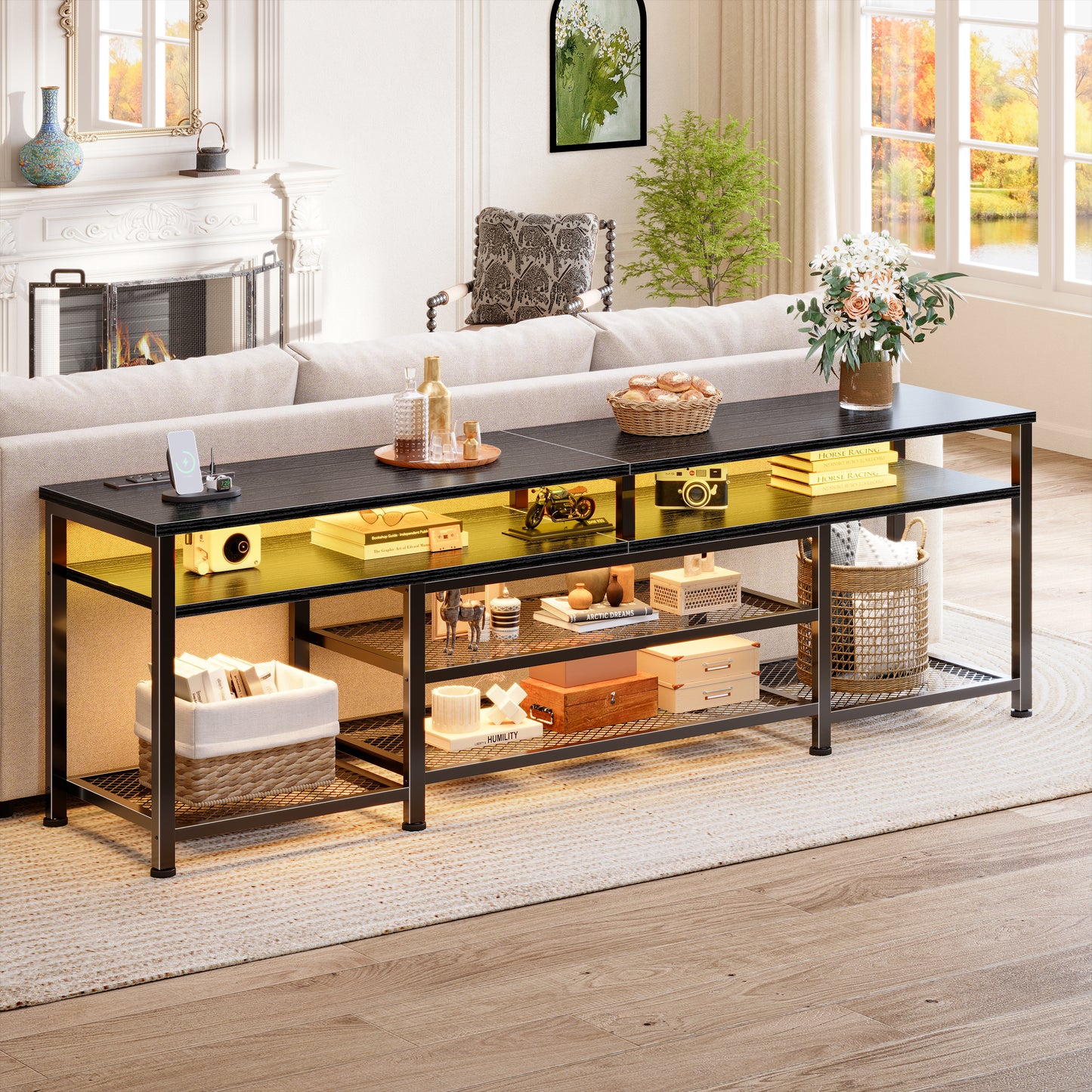 Furologee 71" Long Entryway Console Table with Power Outlets and LED Lights, Sofa Table with Open Shelves, for 65 75 80 Inch TVs, for Hallway, Entrance, Living Room, Black
