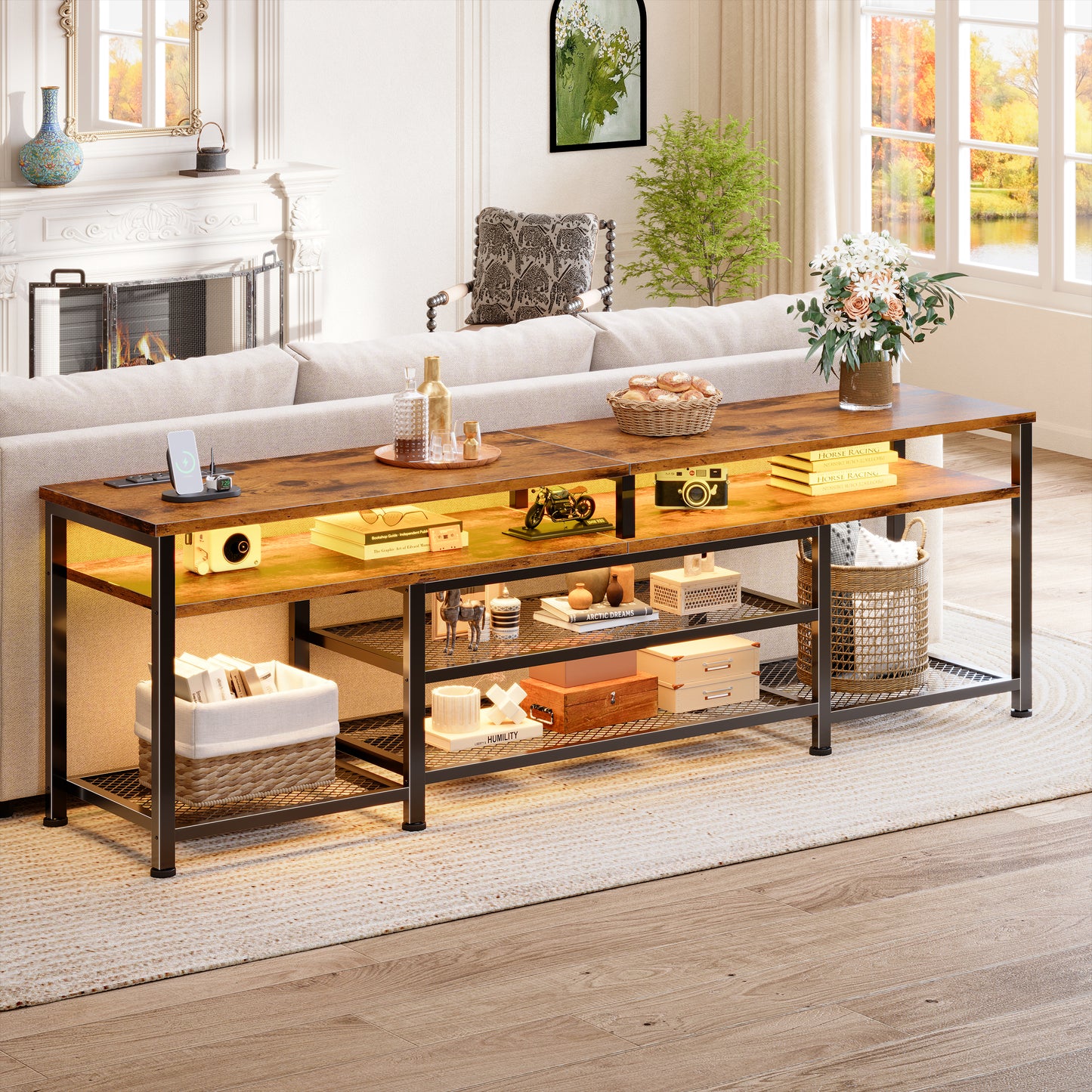 Furologee 71" Long Entryway Console Table with Power Outlets and LED Lights, Sofa Table with Open Shelves, for 65 75 80 Inch TVs, for Hallway, Entrance, Living Room, Rustic Brown