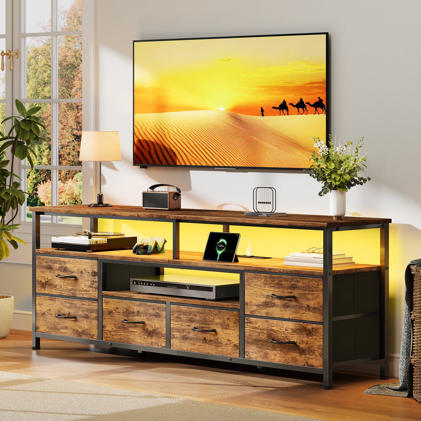 Furologee 55 Inch Dresser TV Stand with Power Outlets & LED Lights, Rustic Brown
Entertainment Center, 6 Fabric Drawers, Open Storage Shelves, for 55/60 inch TVs, TV Stands for Living Room, Bedroom
