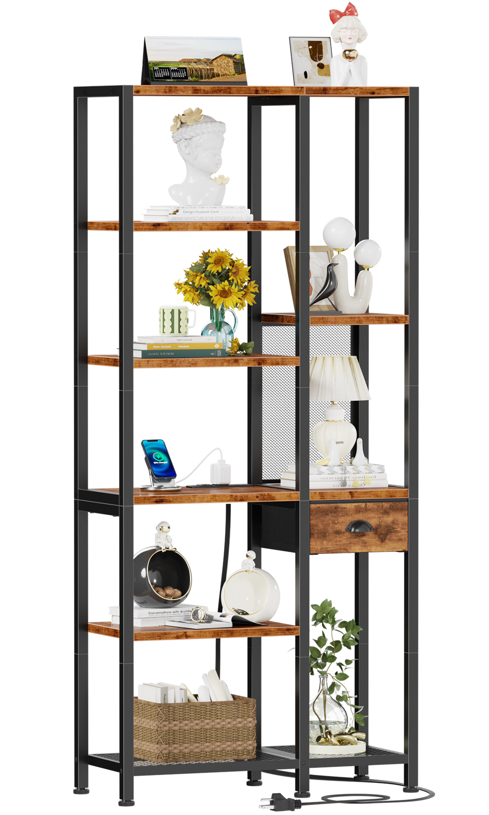 Furologee 6-Tier Bookshelf with Charging Station