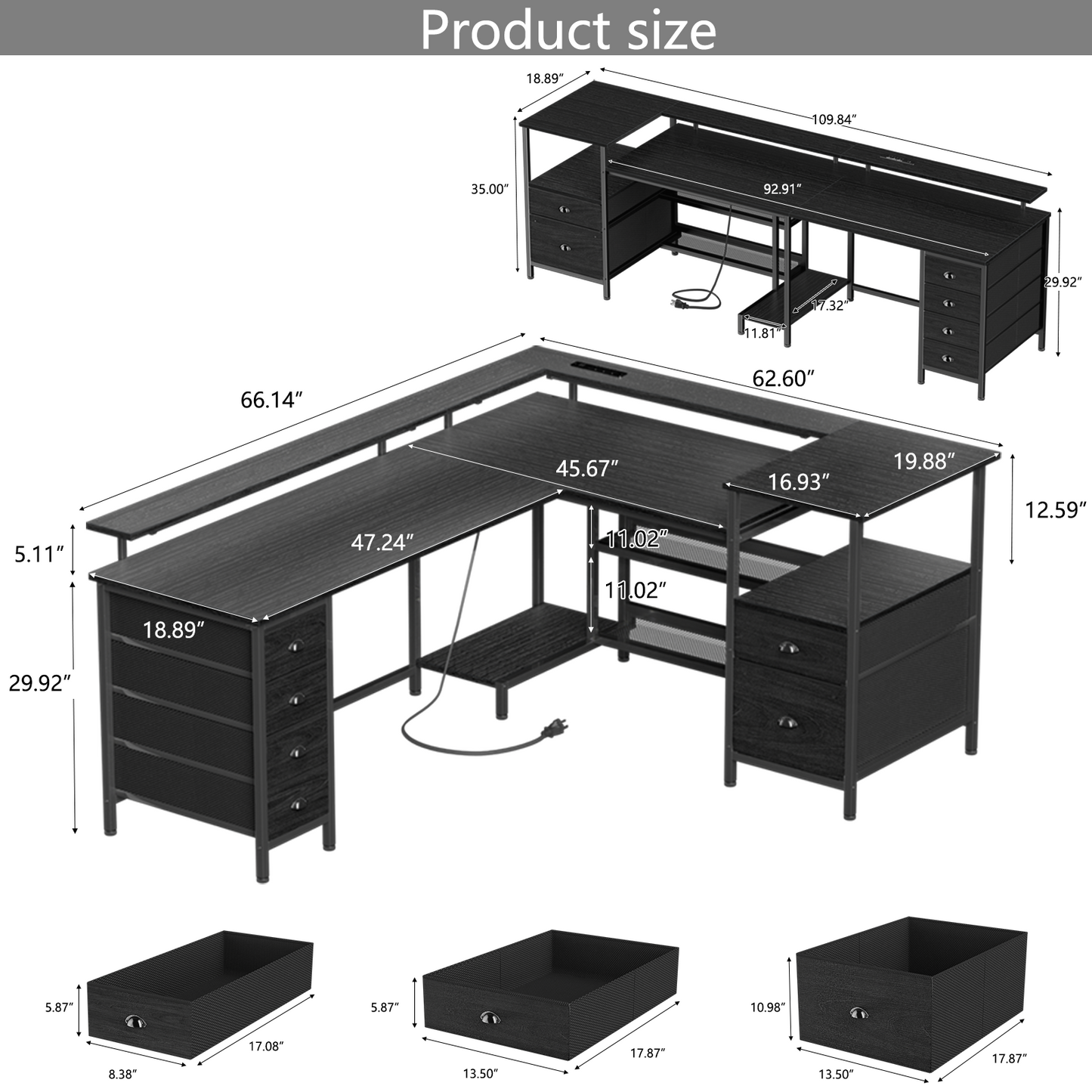 Furologee 66" L Shaped Gaming Desk with 6 Drawers & Printer Storage Shelves