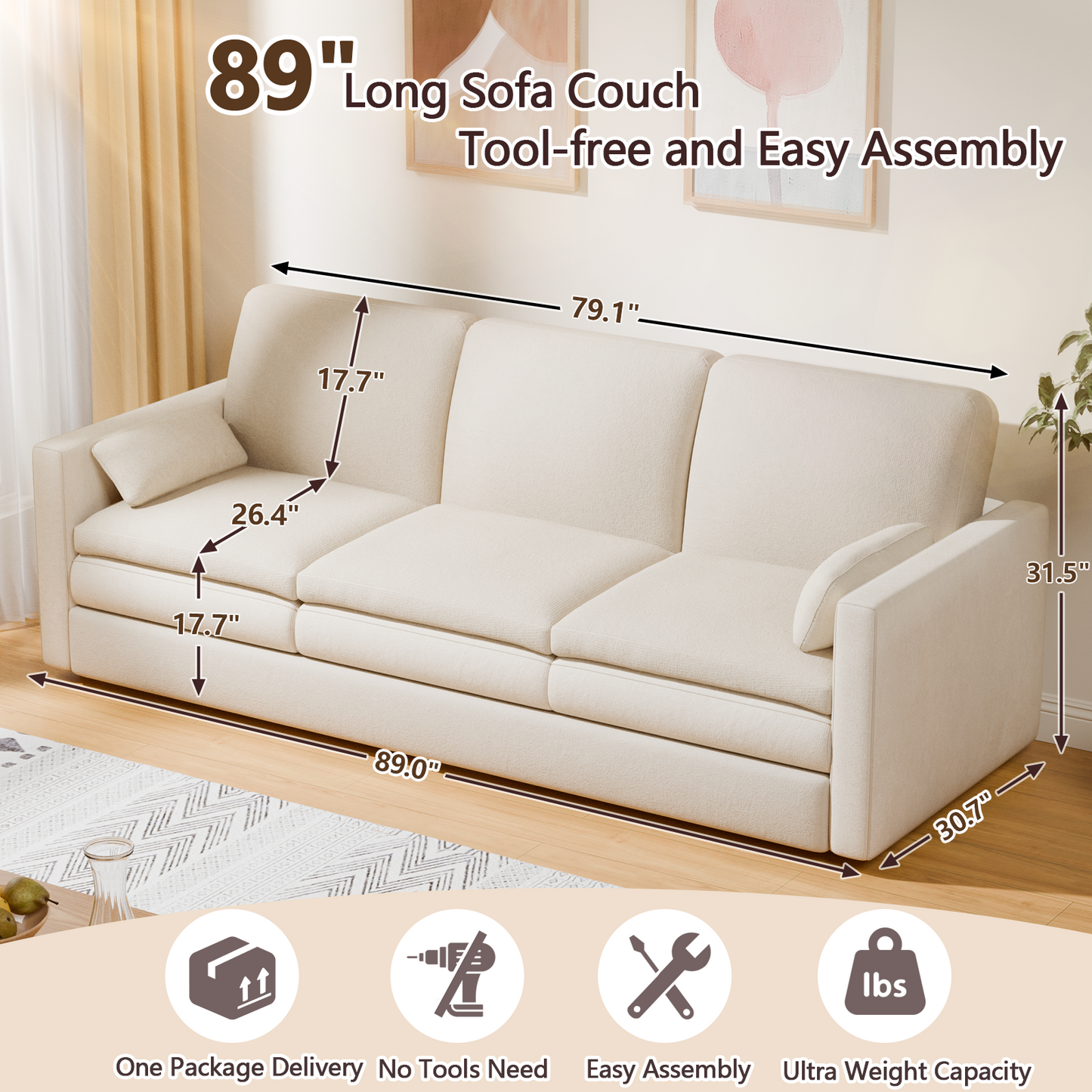 Furologee 89" Sofa Couch with 3 Seater