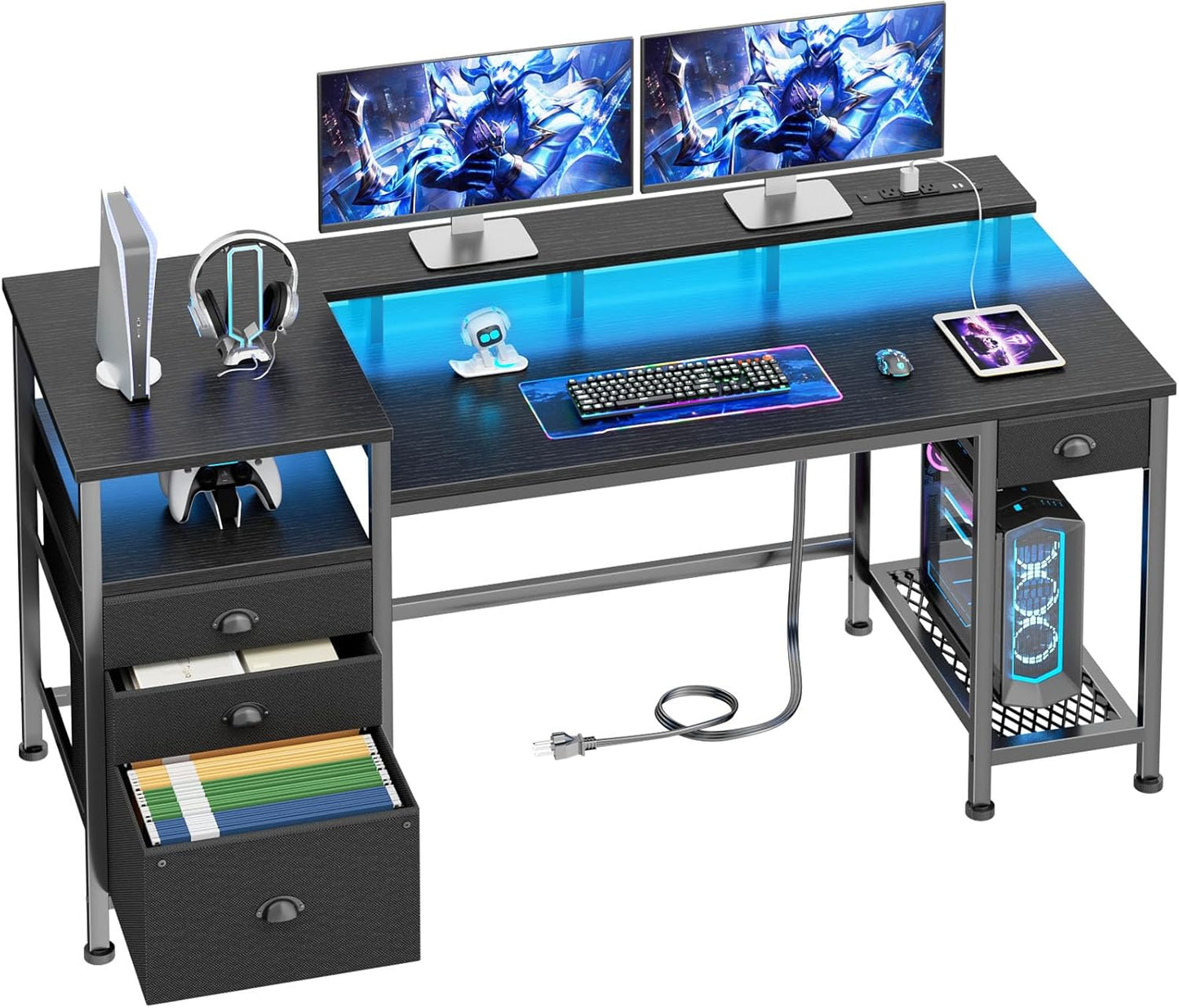 Furologee 60" Gaming Desk with LED Light & Charging Station – Dual Monitor Stands & Storage Cabinet for Home Office