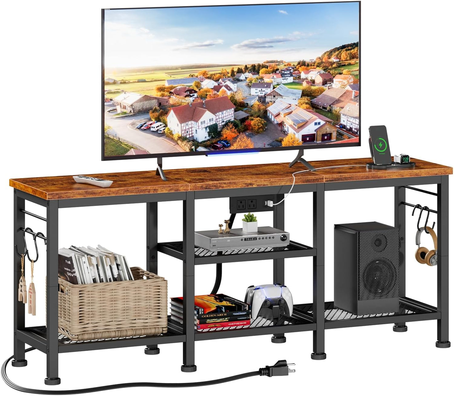 Furologee 55" TV Stand with Power Outlets, Open Storage & Soundbar Shelf – Media Console for Living Room & Bedroom