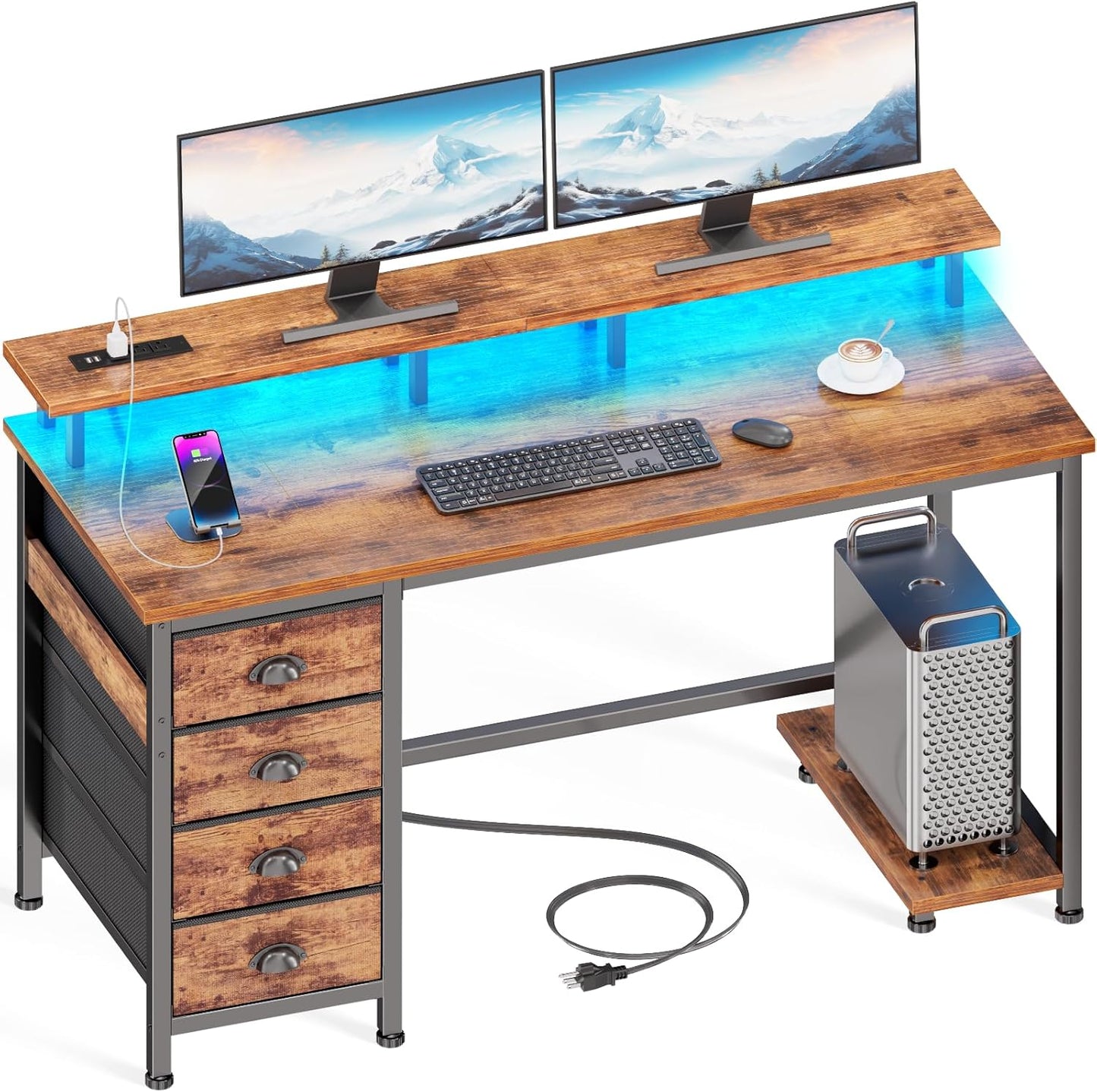 Furologee 55" Gaming Computer Desk with LED Lights, Power Outlets & 4 Fabric Drawers – Monitor Stand & Shelf for Home Office