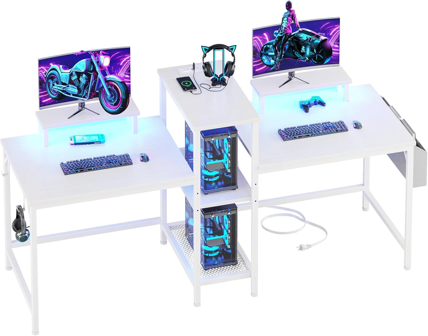 Furologee 71" Double Computer Desk with Power Outlets, Storage Bag & Headphone Hooks – Home Office Gaming or Study Table for 2