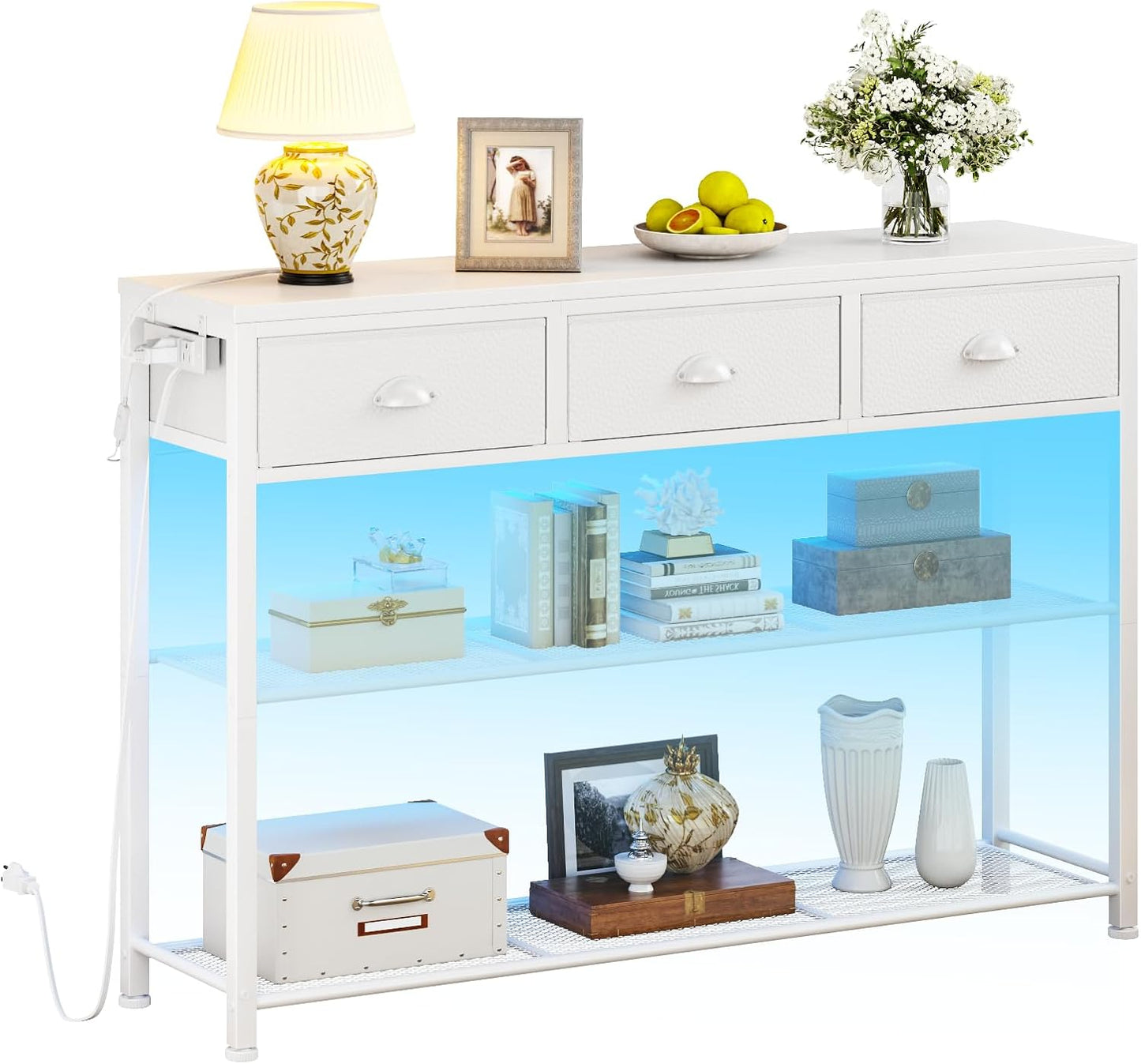 Furologee 38" Entryway Table with LED, Charging Station & 3 Fabric Drawers – Rustic Console Table with Storage Shelves