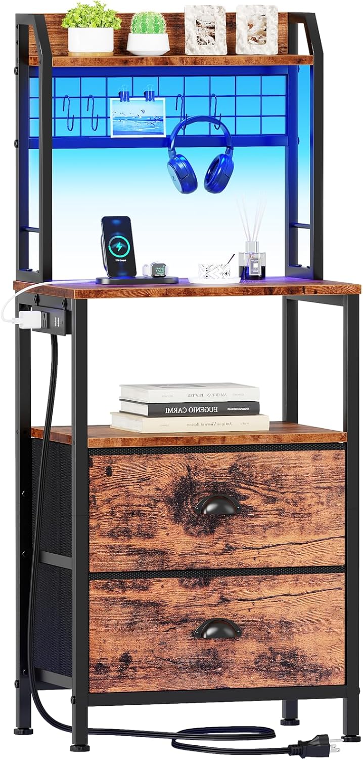 Furologee 40" Tall Nightstand with Charging Station, LED Lights & Storage – Bedside Table with Drawers & Pegboard