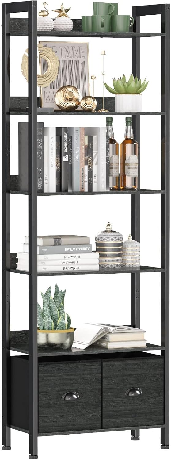 Furologee 5-Tier Bookshelf with Drawers – Tall Industrial Bookcase for Living Room or Office