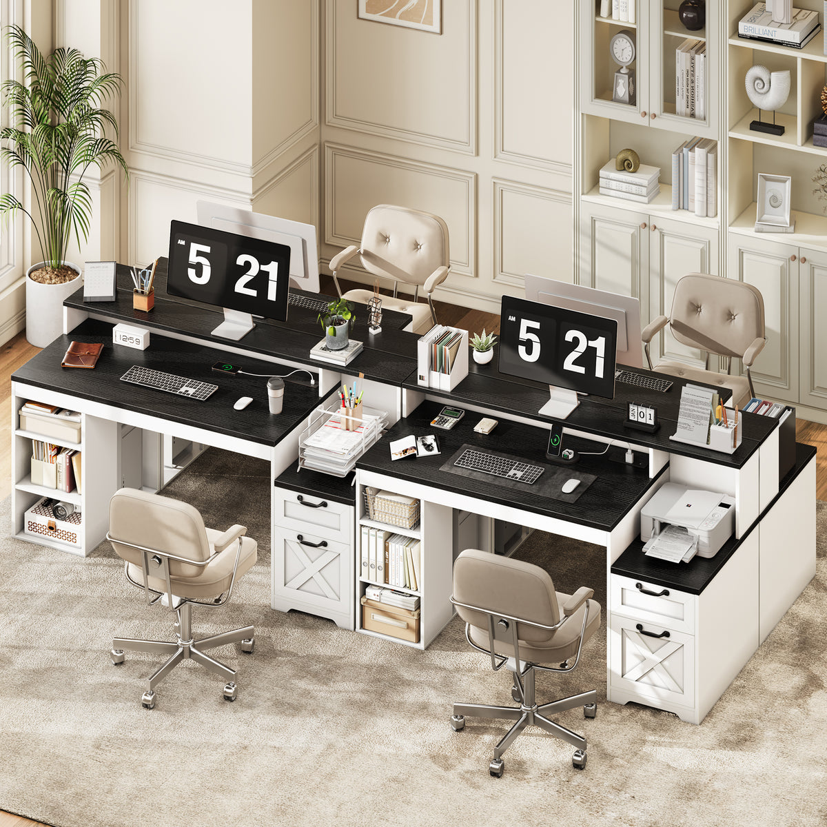Furologee 63" Farmhouse Computer Desk with Drawers for Home Office Desk with Storage, Executive Desk with Power Outlets, Printer Shelf, Monitor Stand,Black and White
