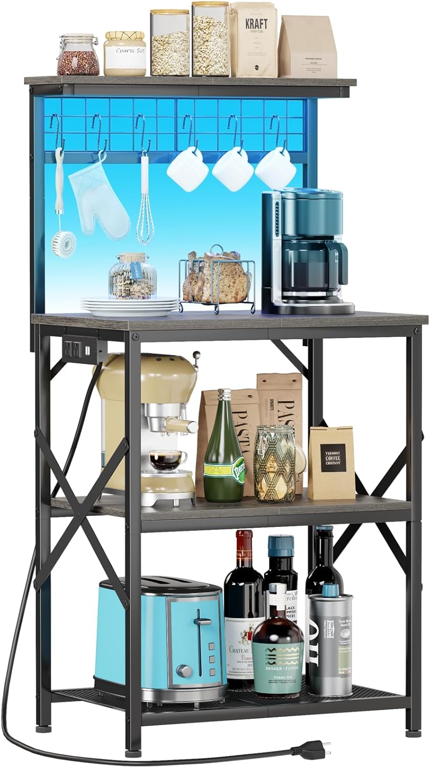 Furologee Kitchen Bakers Rack with LED Light & Outlet, Microwave Coffee Bar Stand with Storage Shelves & Hooks