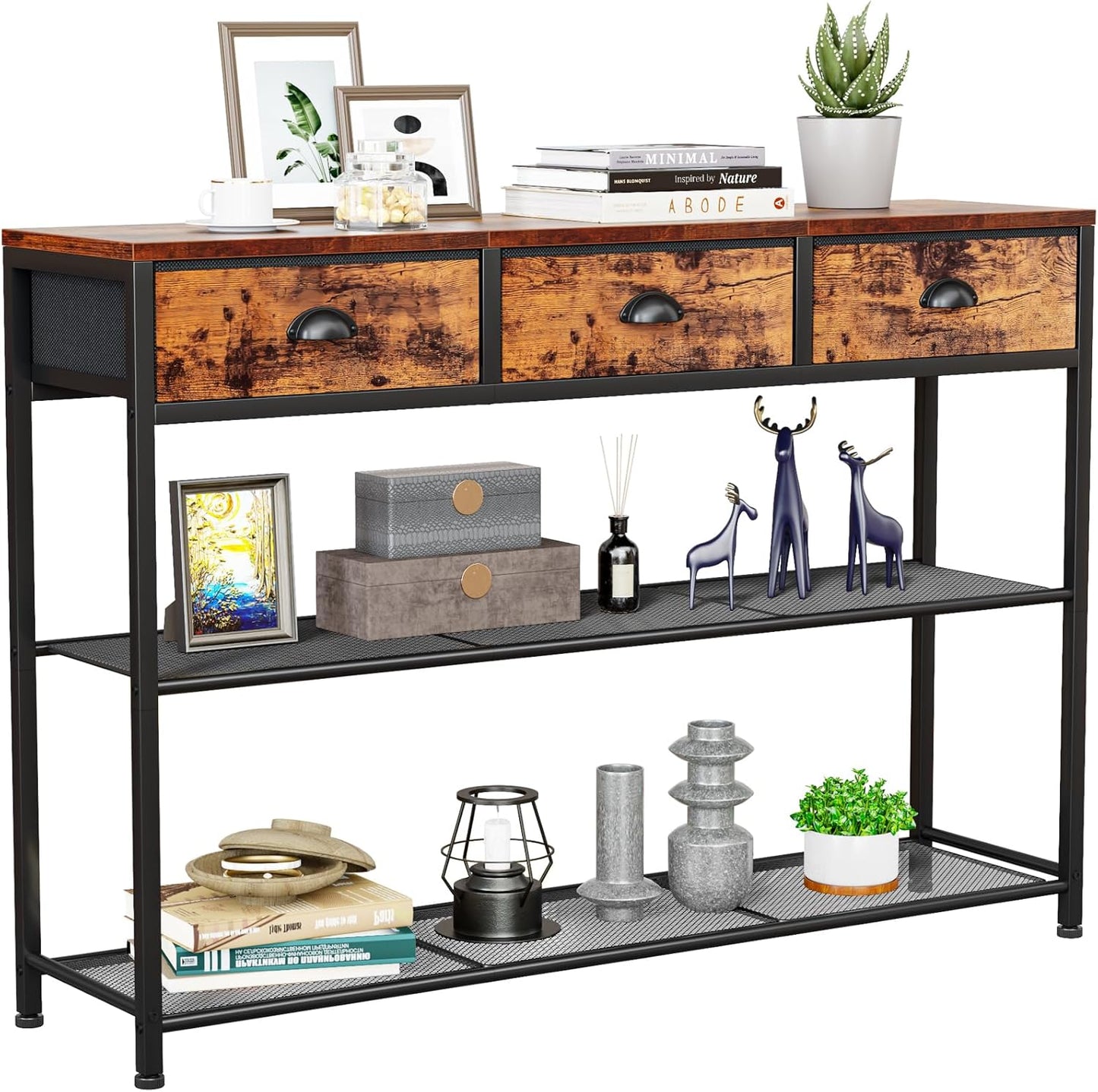 Furologee Entryway Console Table with 2 Fabric Drawers & Storage Shelf – Rustic Brown Hallway Sofa Table for Foyer or Entrance
