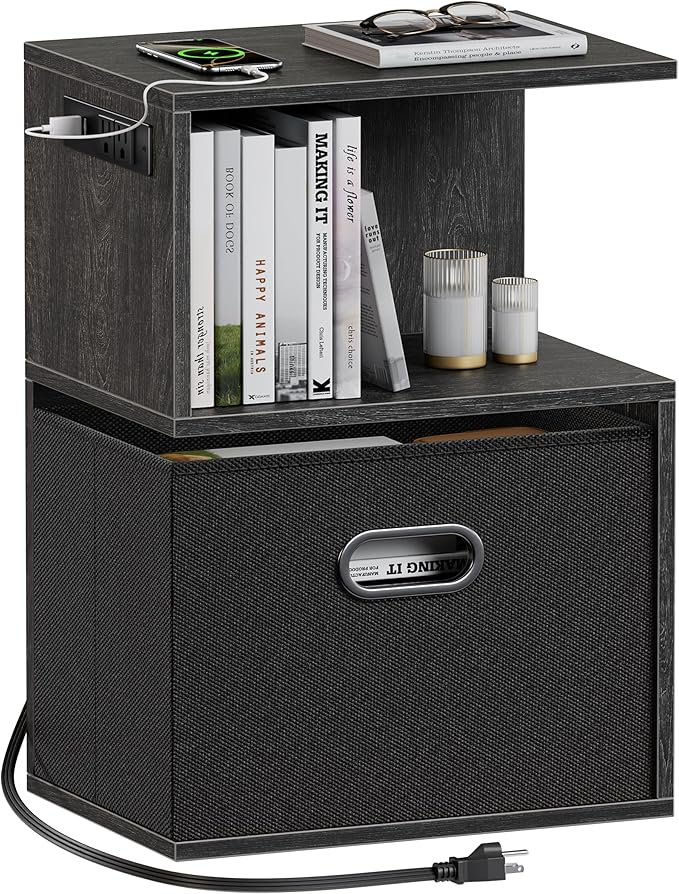 Modern 3-Tier Bedside Table with Charging Station and Storage Drawer, Wood Nightstand for Small Spaces in Bedroom or Living Room