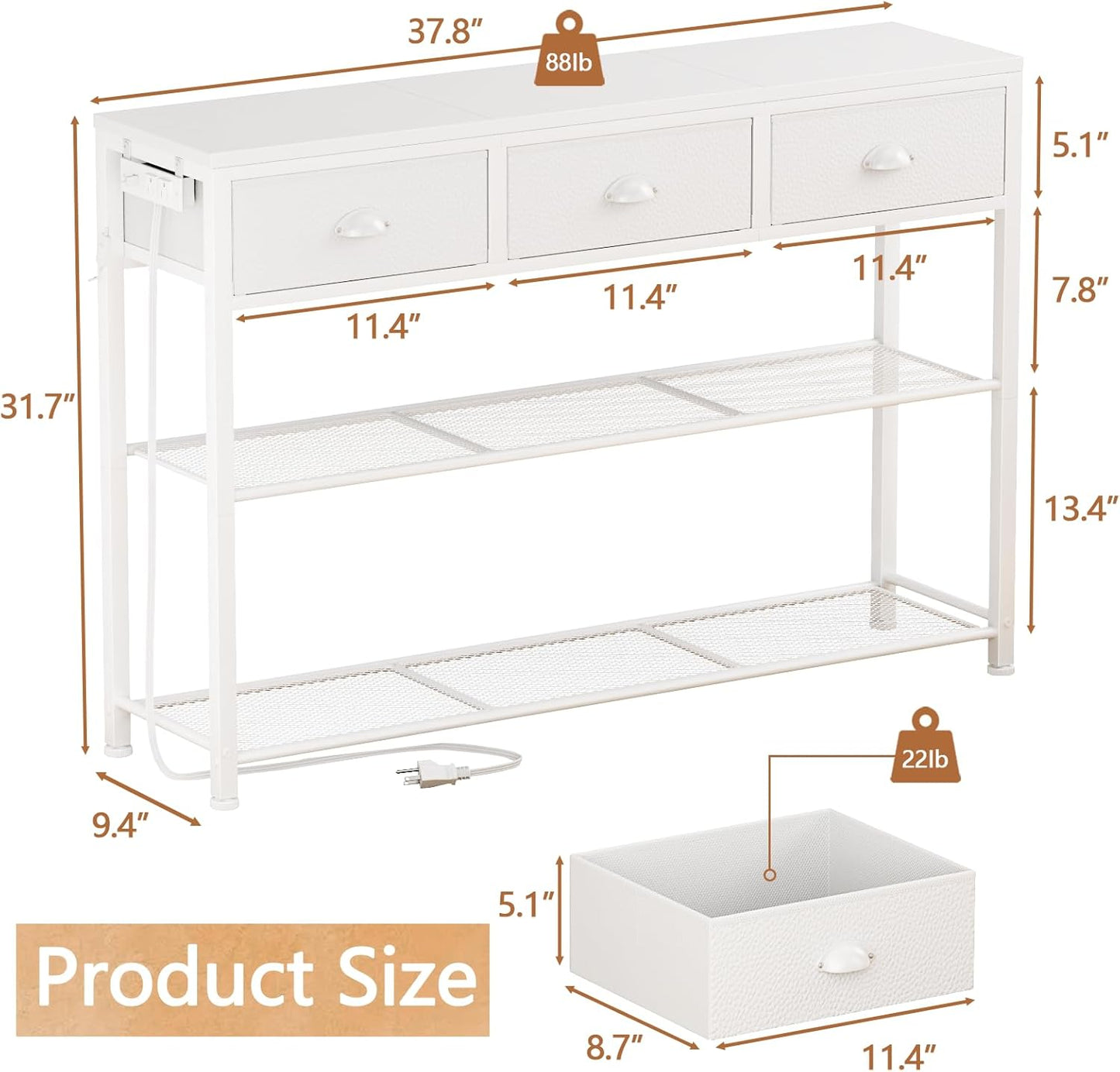 Furologee 38" Entryway Table with LED, Charging Station & 3 Fabric Drawers – Rustic Console Table with Storage Shelves