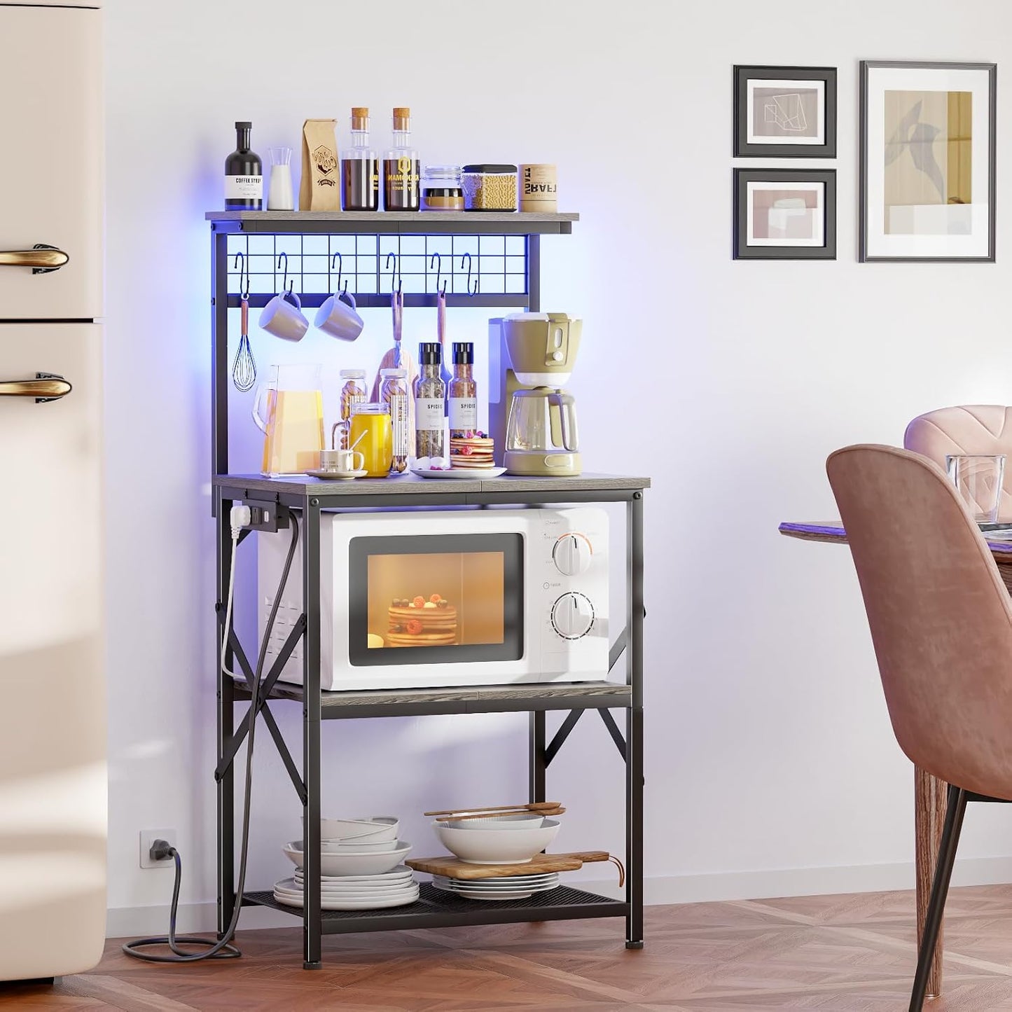 Furologee Kitchen Bakers Rack with LED Light & Outlet, Microwave Coffee Bar Stand with Storage Shelves & Hooks