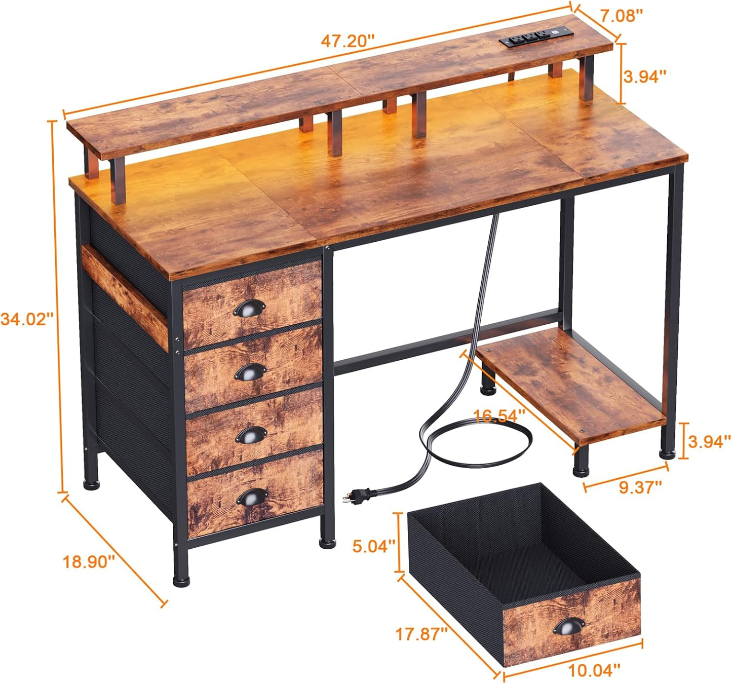 Furologee 55" Gaming Computer Desk with LED Lights, Power Outlets & 4 Fabric Drawers – Monitor Stand & Shelf for Home Office