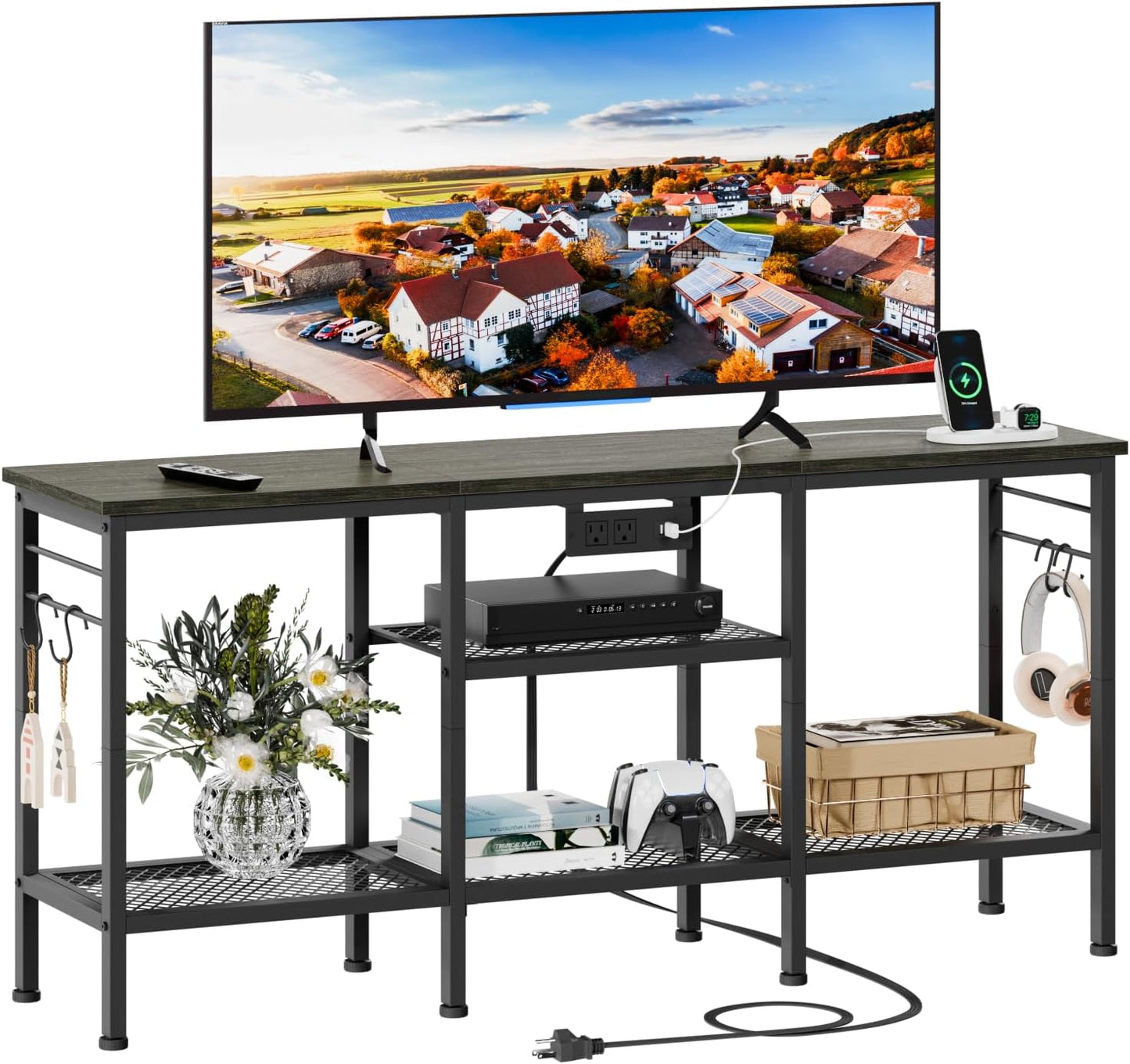 Furologee 55" TV Stand with Power Outlets, Open Storage & Soundbar Shelf – Media Console for Living Room & Bedroom