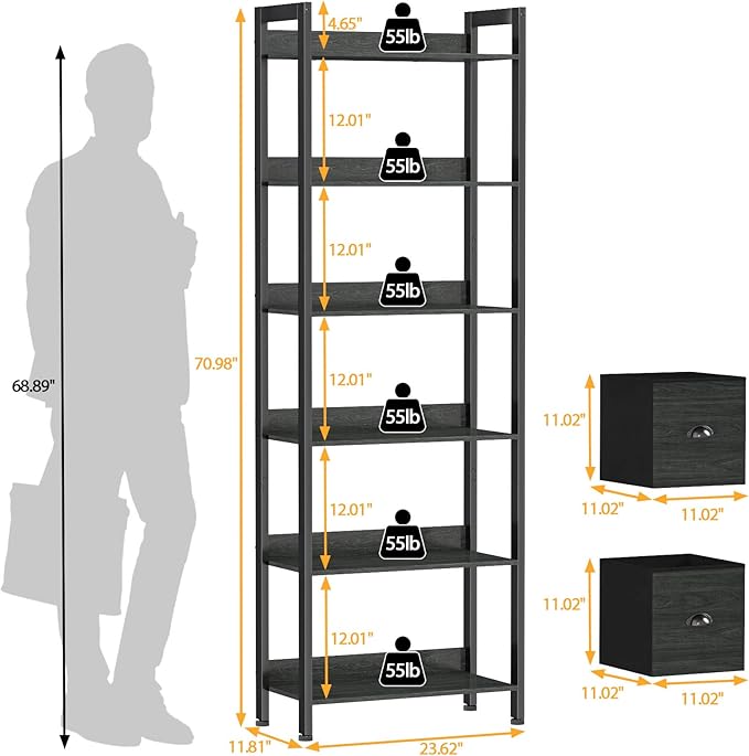Furologee 5-Tier Bookshelf with Drawers – Tall Industrial Bookcase for Living Room or Office