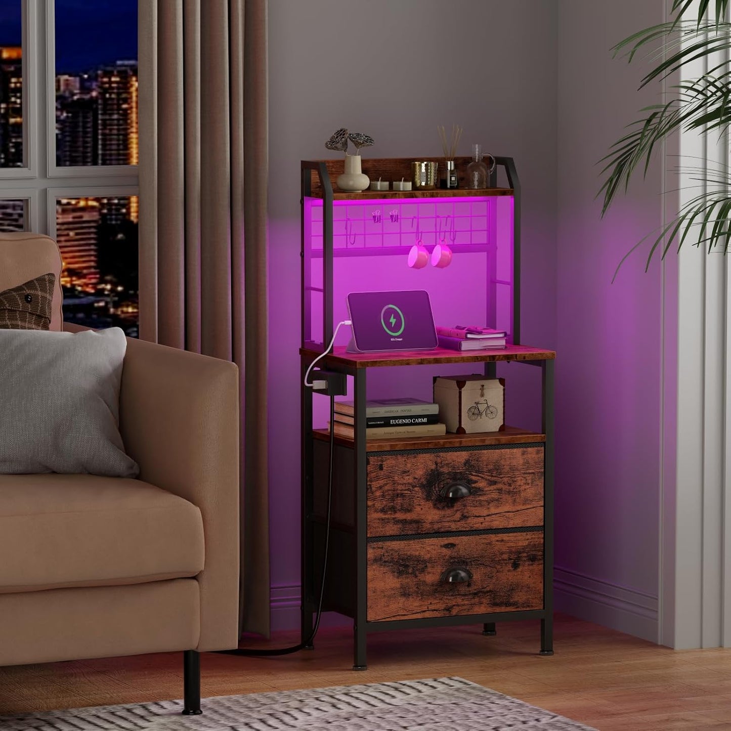 Furologee 40" Tall Nightstand with Charging Station, LED Lights & Storage – Bedside Table with Drawers & Pegboard