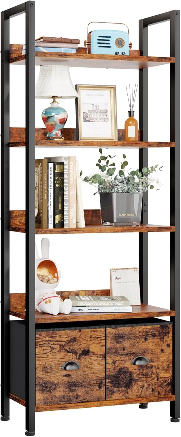 Furologee 5-Tier Bookshelf with Drawers – Tall Industrial Bookcase for Living Room or Office