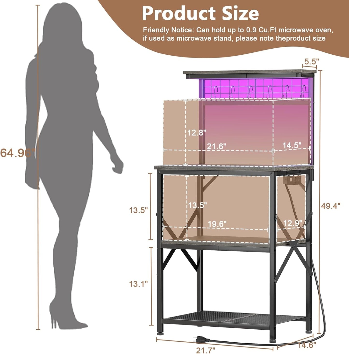 Furologee Kitchen Bakers Rack with LED Light & Outlet, Microwave Coffee Bar Stand with Storage Shelves & Hooks