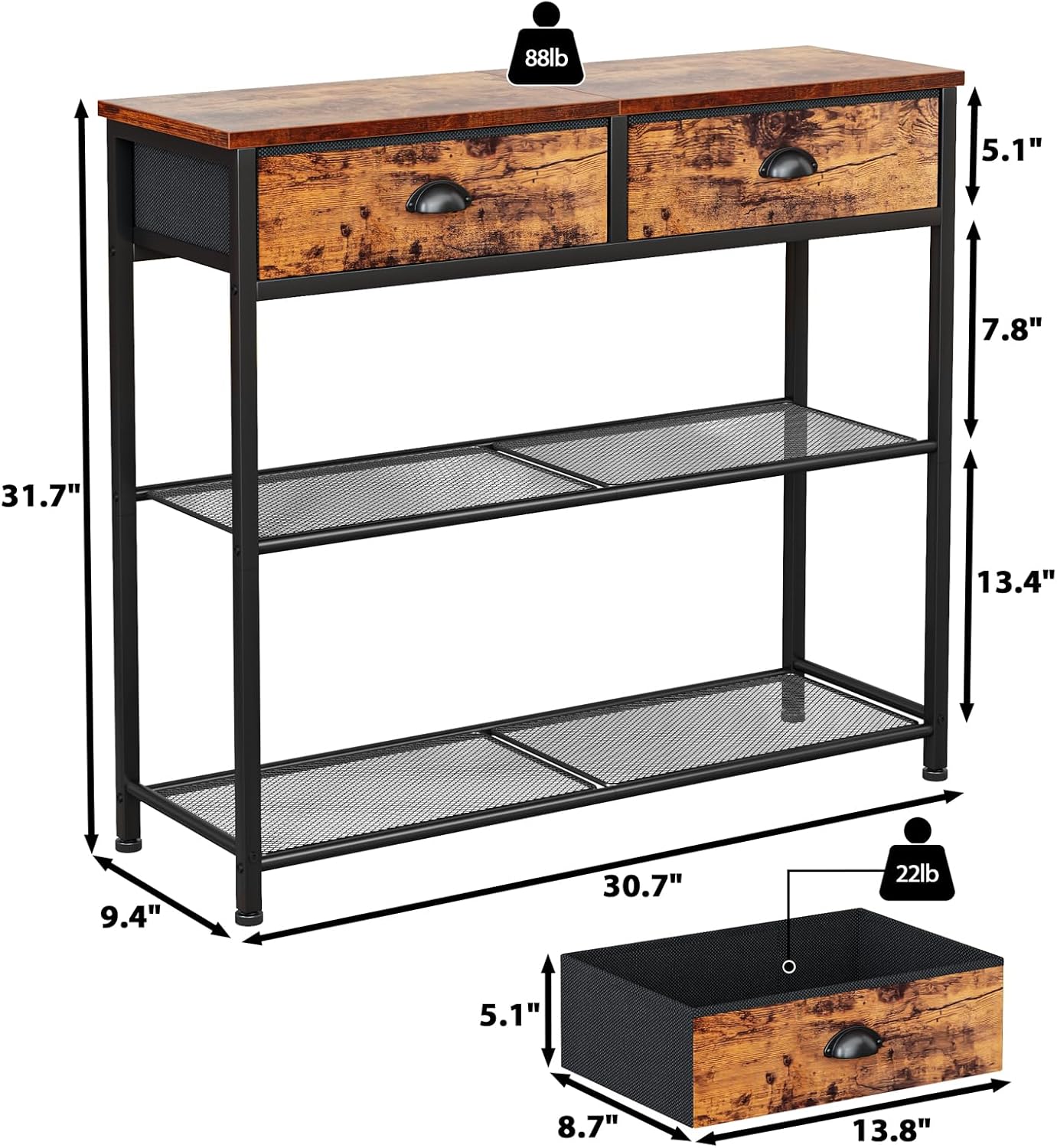 Furologee Entryway Console Table with 2 Fabric Drawers & Storage Shelf – Rustic Brown Hallway Sofa Table for Foyer or Entrance
