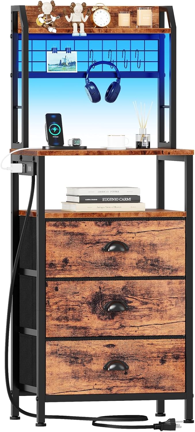 Furologee 40" Tall Nightstand with Charging Station, LED Lights & Storage – Bedside Table with Drawers & Pegboard