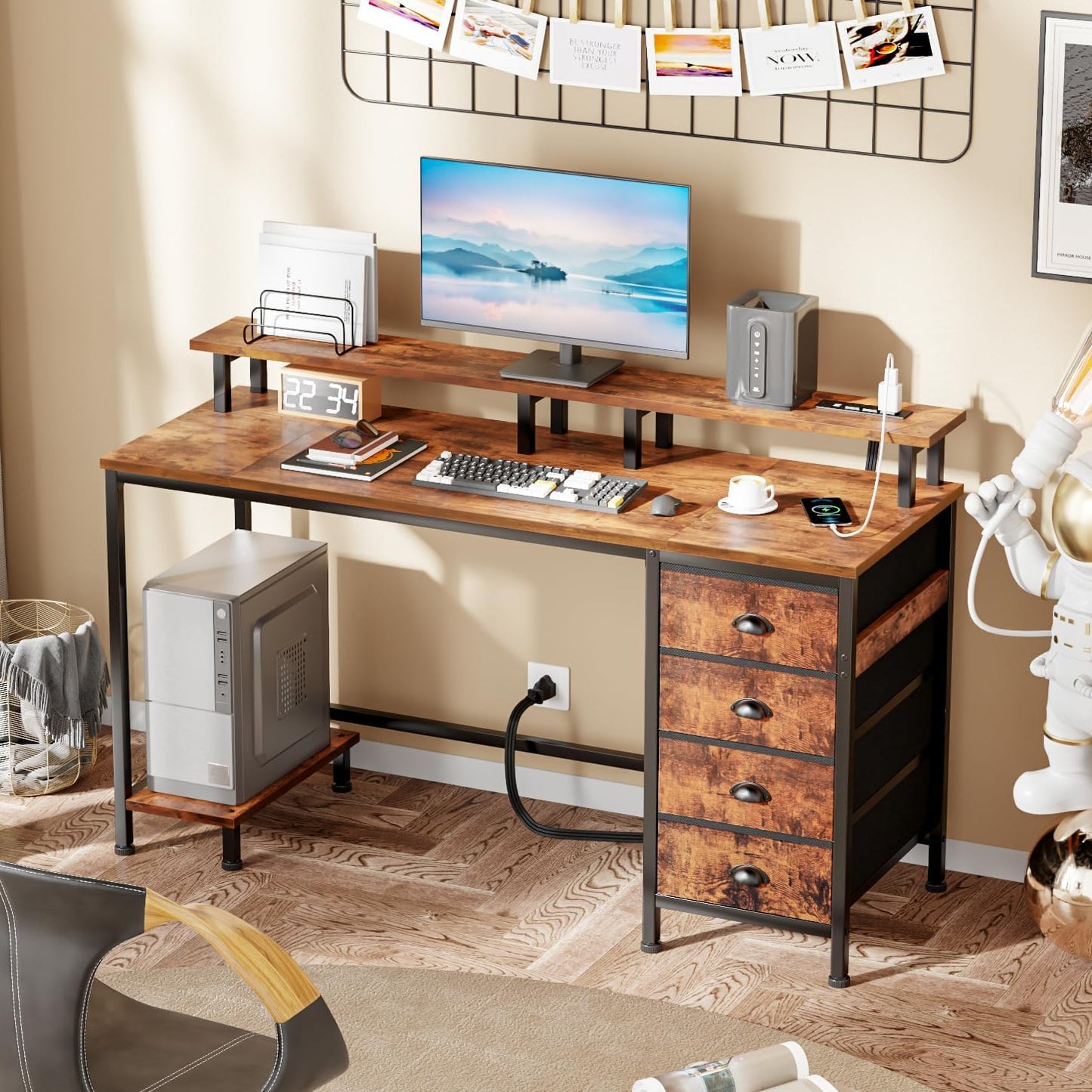 Furologee 55" Gaming Computer Desk with LED Lights, Power Outlets & 4 Fabric Drawers – Monitor Stand & Shelf for Home Office