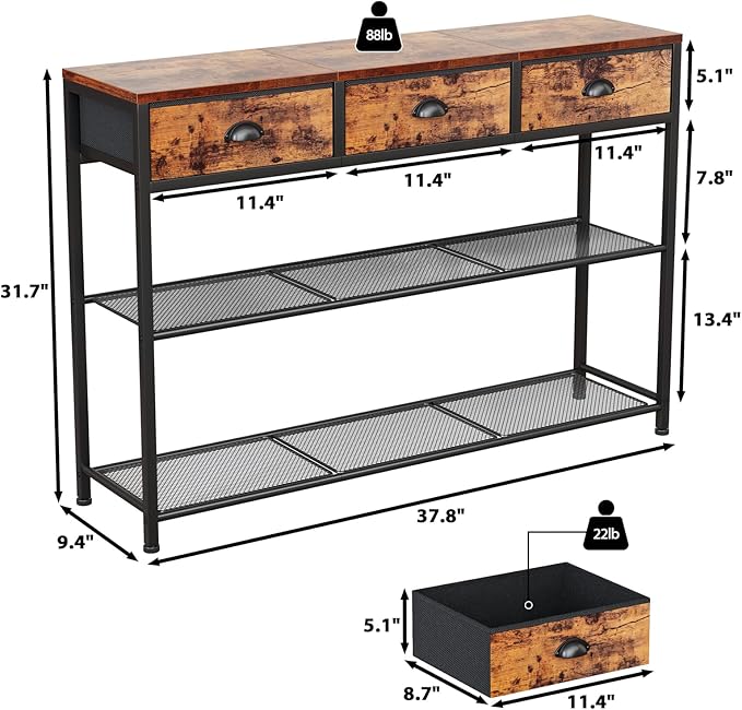 Furologee Entryway Console Table with 2 Fabric Drawers & Storage Shelf – Rustic Brown Hallway Sofa Table for Foyer or Entrance