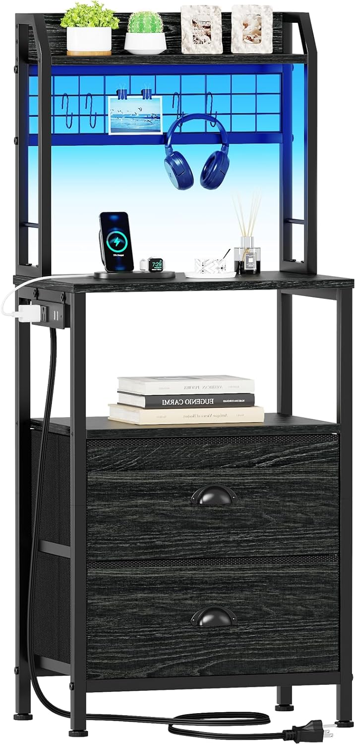 Furologee 40" Tall Nightstand with Charging Station, LED Lights & Storage – Bedside Table with Drawers & Pegboard