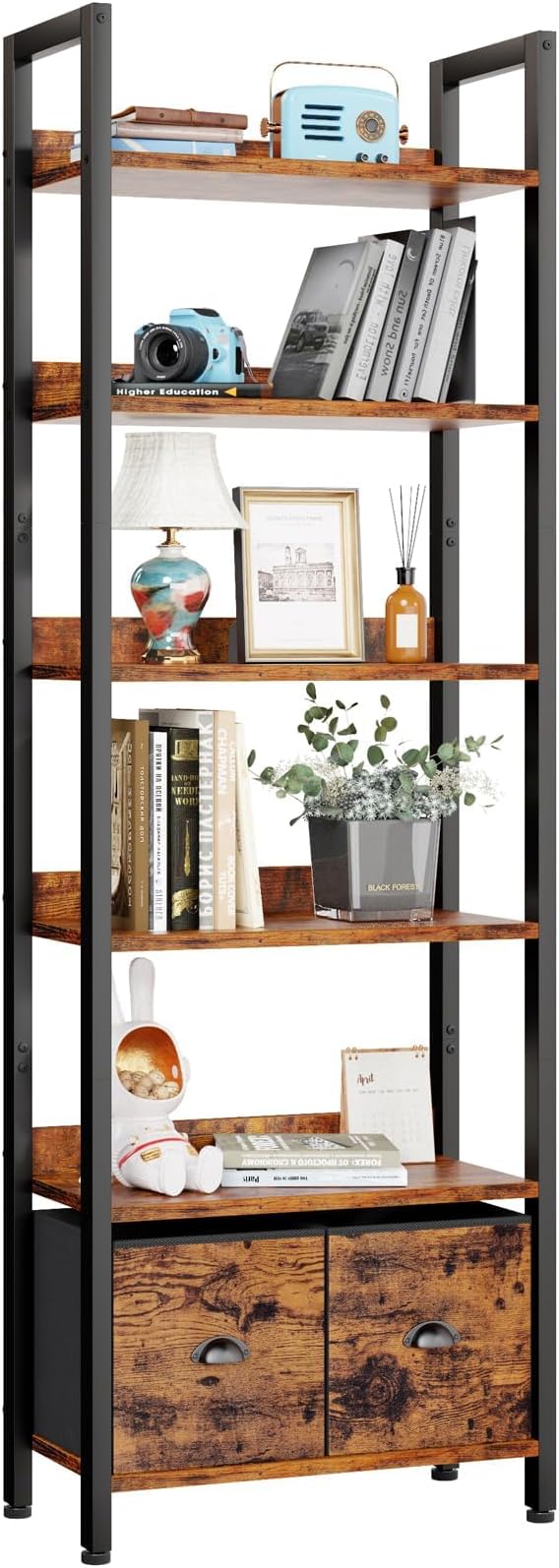 Furologee 5-Tier Bookshelf with Drawers – Tall Industrial Bookcase for Living Room or Office