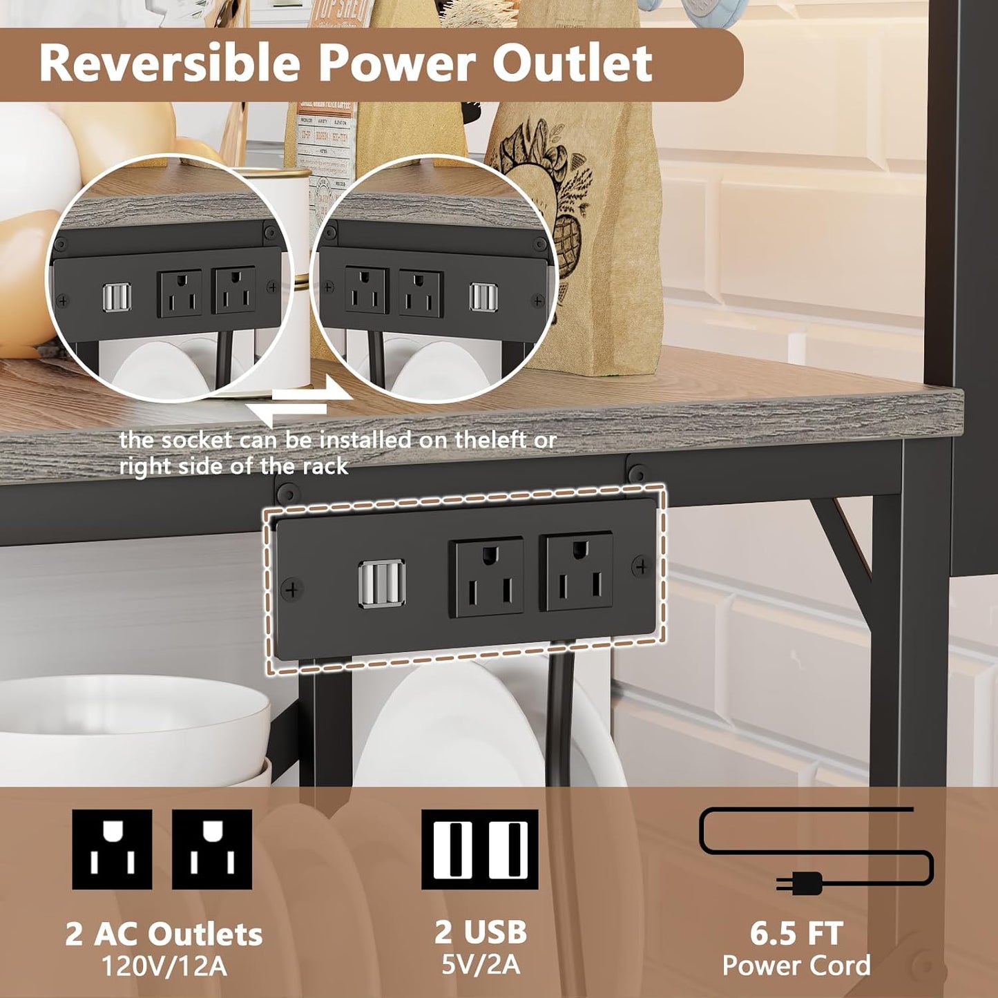Furologee Kitchen Bakers Rack with LED Light & Outlet, Microwave Coffee Bar Stand with Storage Shelves & Hooks