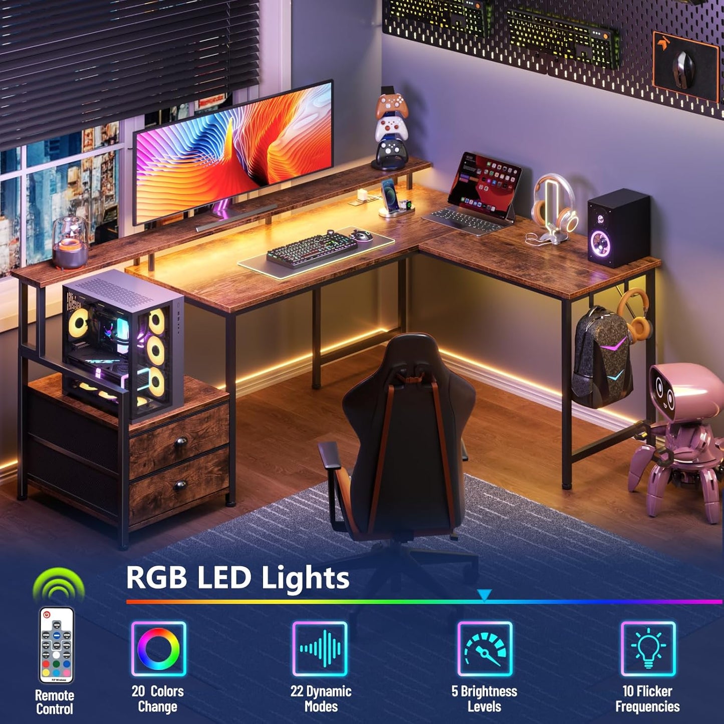 Furologee 66" L Shaped Computer Desk with Power Outlet & LED Lights, Reversible Corner Home Office Desk with 2 Drawers & Storage Shelves for Gaming, Large PC Table with Monitor Stand, Rustic Brown