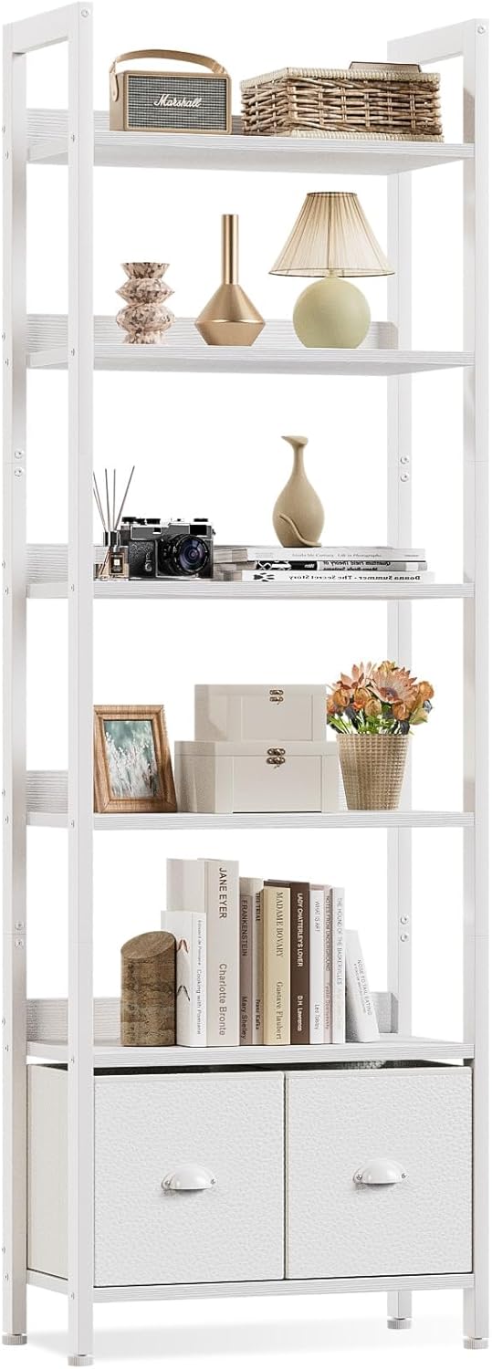 Furologee 5-Tier Bookshelf with Drawers – Tall Industrial Bookcase for Living Room or Office