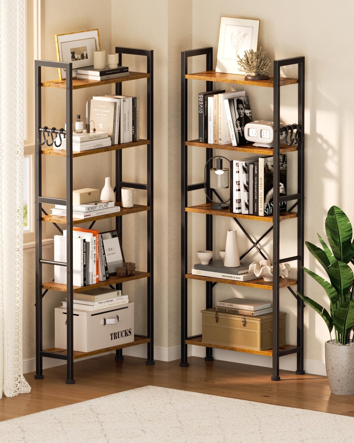 Furologee Triple 5 Tier Bookshelf, Bookcase with 14 Open Display Shelves, Wood and Metal Shelf Storage Organizer,Industrial Wide Shelving Unit for Living Room,Home Office,Rustic Brown