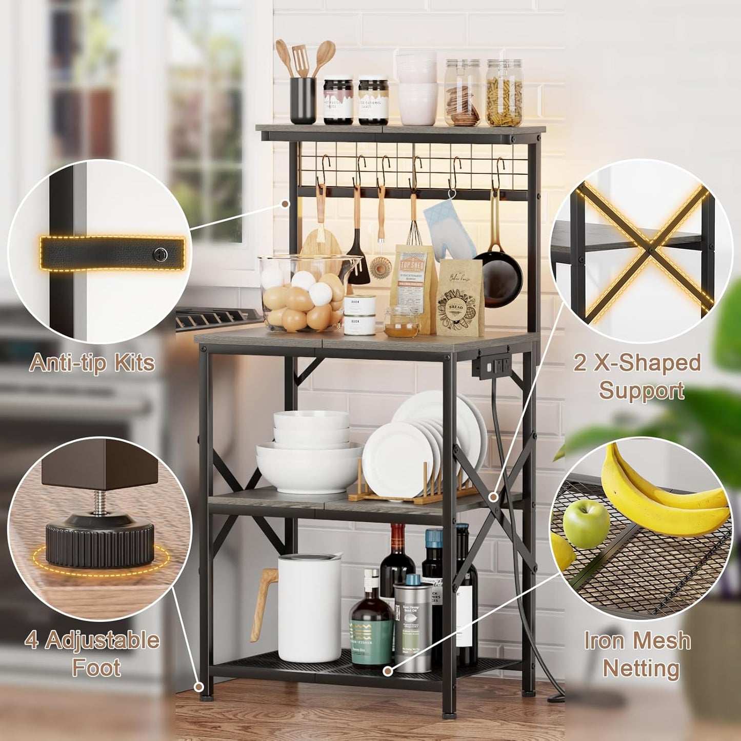Furologee Kitchen Bakers Rack with LED Light & Outlet, Microwave Coffee Bar Stand with Storage Shelves & Hooks