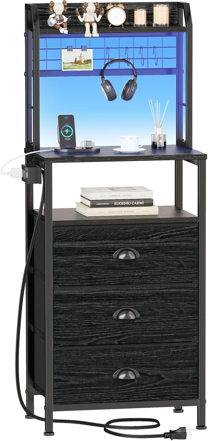 Furologee 40" Tall Nightstand with Charging Station, LED Lights & Storage – Bedside Table with Drawers & Pegboard