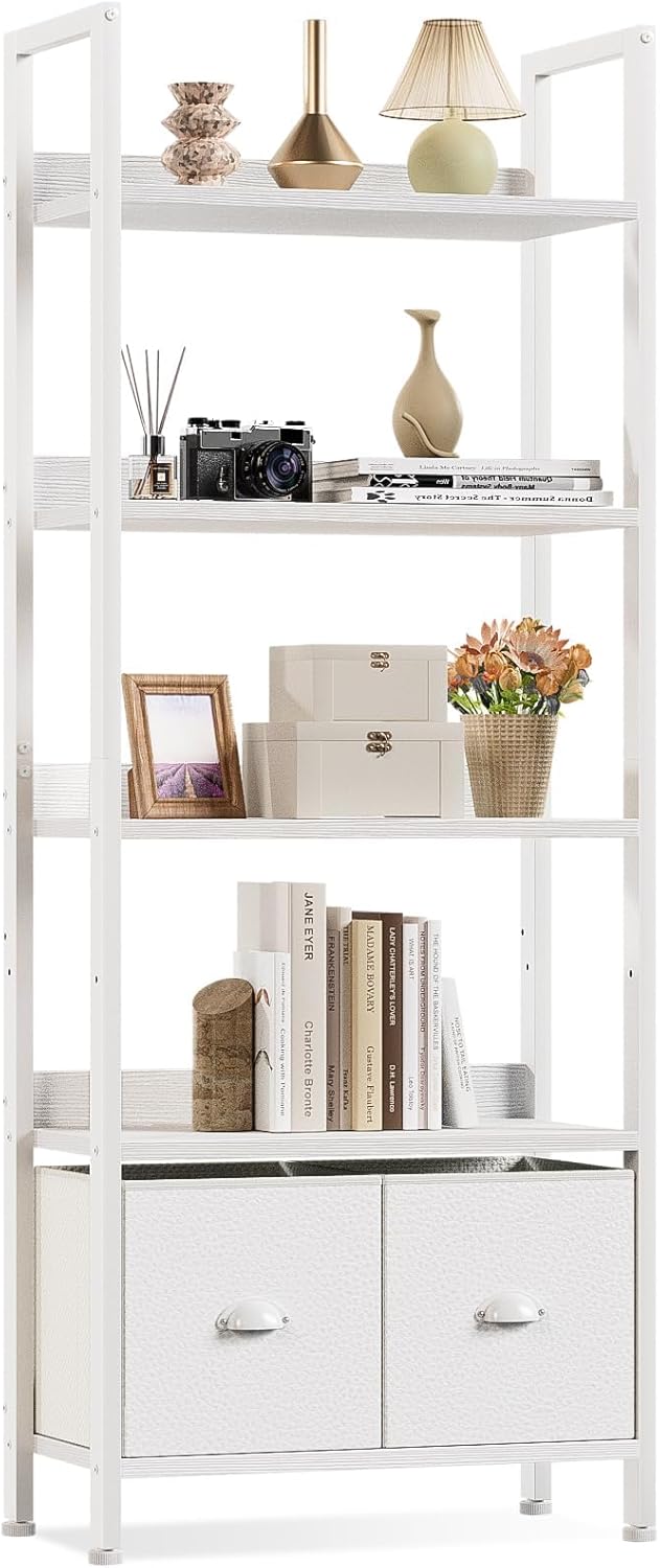 Furologee 5-Tier Bookshelf with Drawers – Tall Industrial Bookcase for Living Room or Office