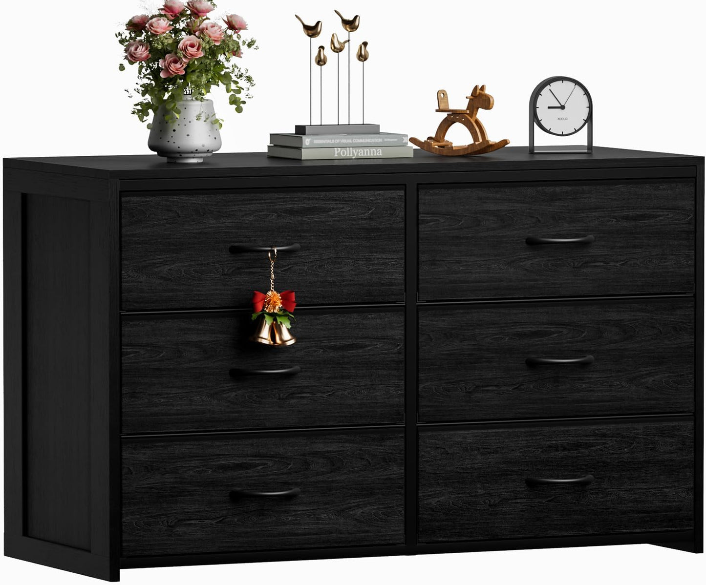 6 Drawer Dresser for Bedroom, TV Stand for 55” TV, Black Dresser for Closet, Entryway, 15.75” Deepth Fabric Drawer, Large Storage Organizer, Wooden Top and Side Board, Sturdy Steel Frame