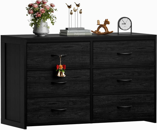 Black 6-Drawer Dresser - 15.75" Deep Storage w/ Wood Top & Steel Frame | Multi-Room Organizer