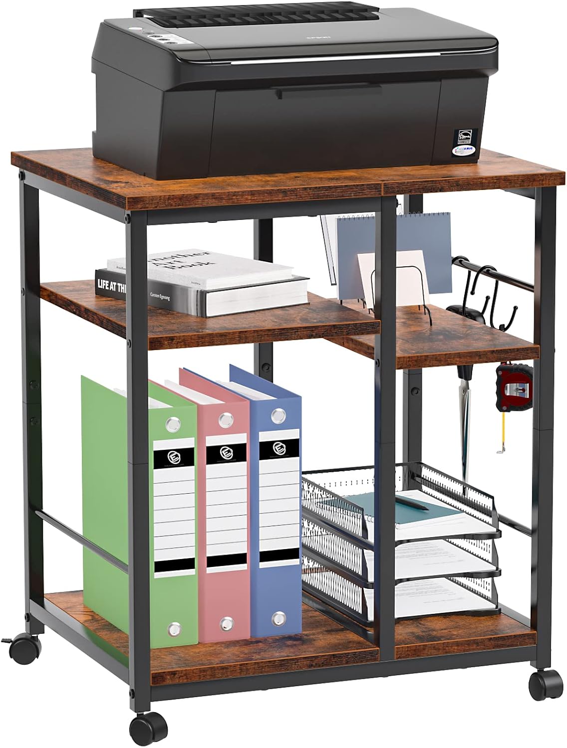 Furologee 3-Tier Mobile Printer Stand with Wheels & Storage Shelf – Rolling Under Desk Cart with Hooks for Home Office, Rustic Brown