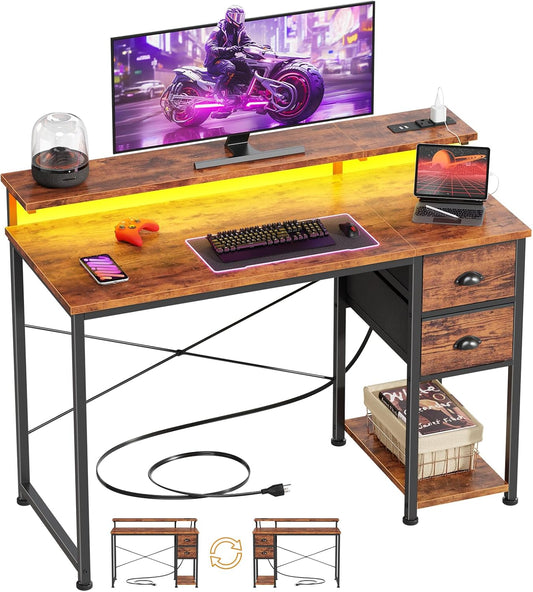47" Gaming Desk w/ Power Outlets, LED Lights, Monitor Shelf & 2 Drawers - Rustic Brown
