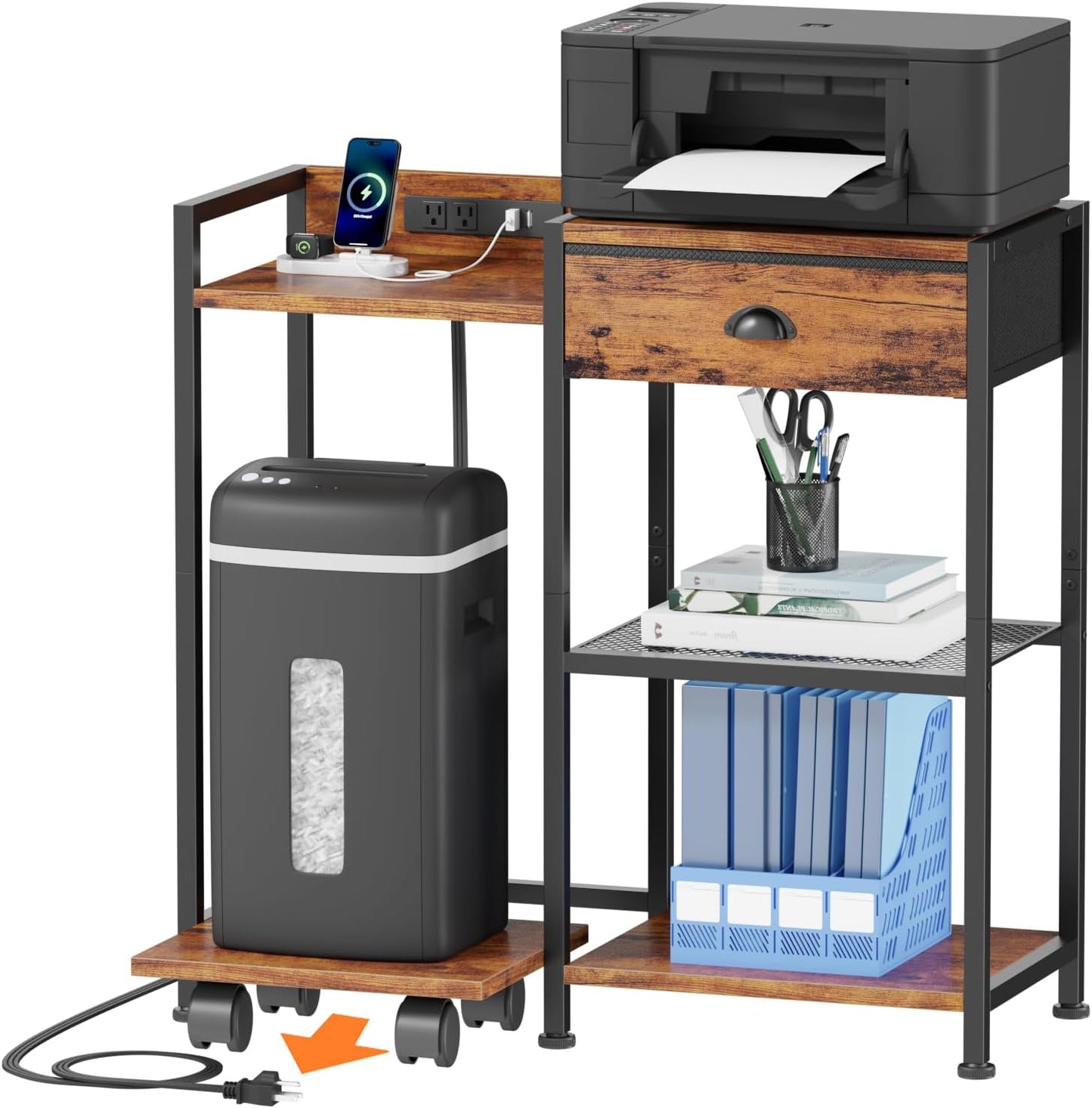 Furologee 3-Tier Printer Stand with Drawer, Charging Station & Wheels – Rustic Brown Printer Table with USB Ports for Home Office
