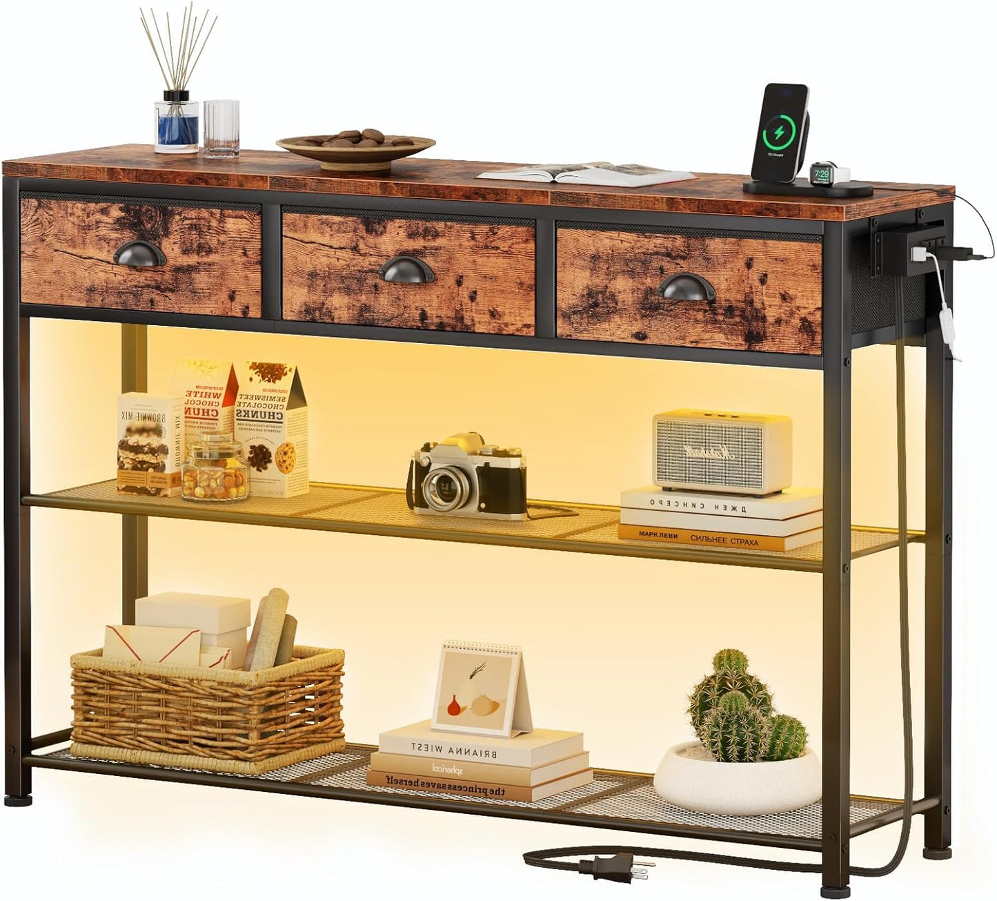 Furologee 38" Entryway Table with LED, Charging Station & 3 Fabric Drawers – Rustic Console Table with Storage Shelves