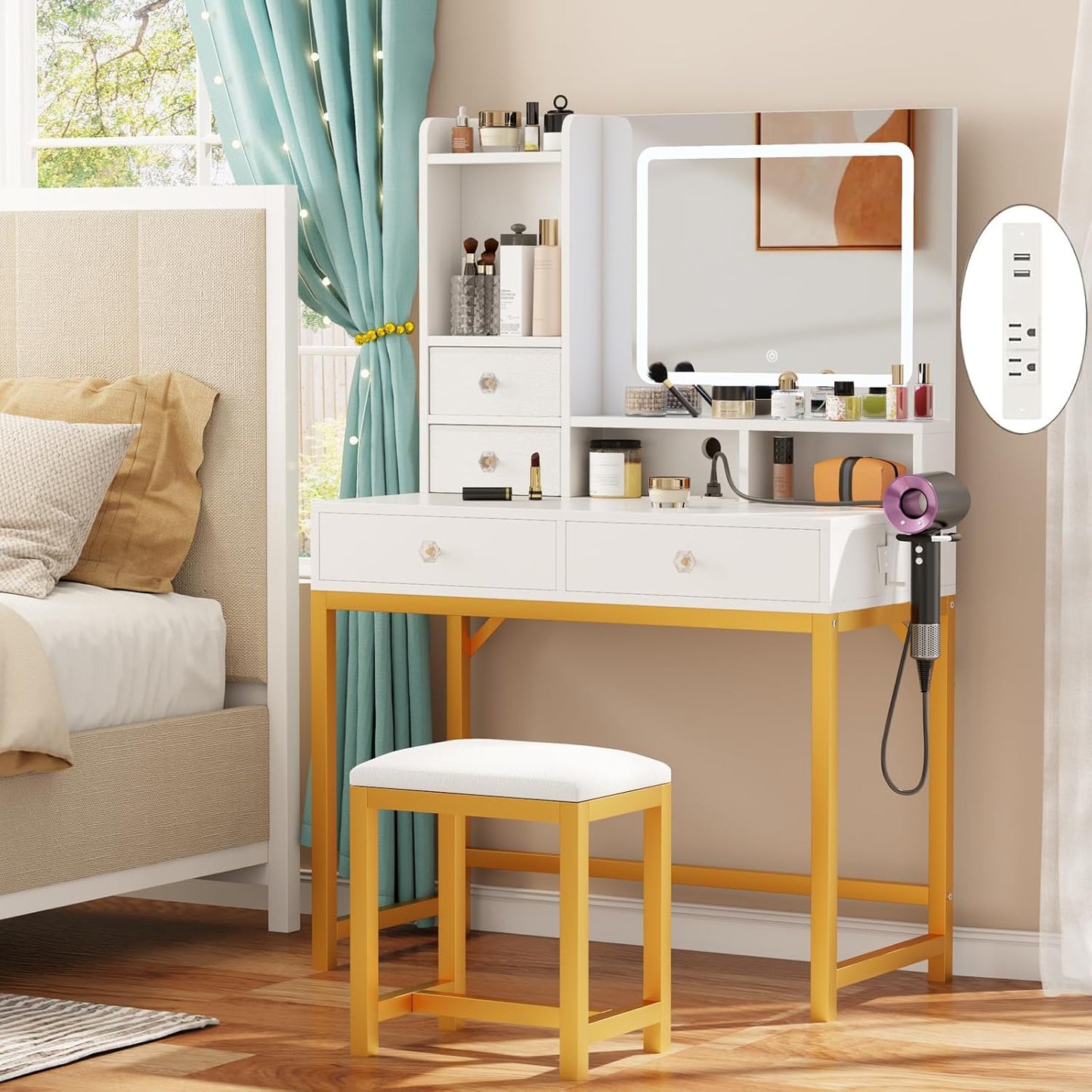 Furologee Vanity Desk with LED Lights Mirror and Power Outlets, Small Makeup Vanity Desk Stool Set with 4 Drawers, Dressing Table with Chair for Bedroom,3 Model Adjustable Lights,White and Gold
