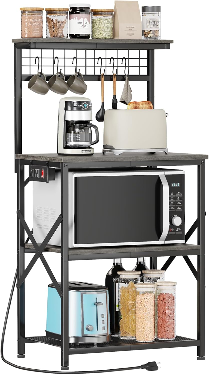 Furologee 4-Tier Kitchen Bakers Rack with Power Outlet, Microwave Stand & Coffee Bar with Hooks and Storage Shelves, Black Oak