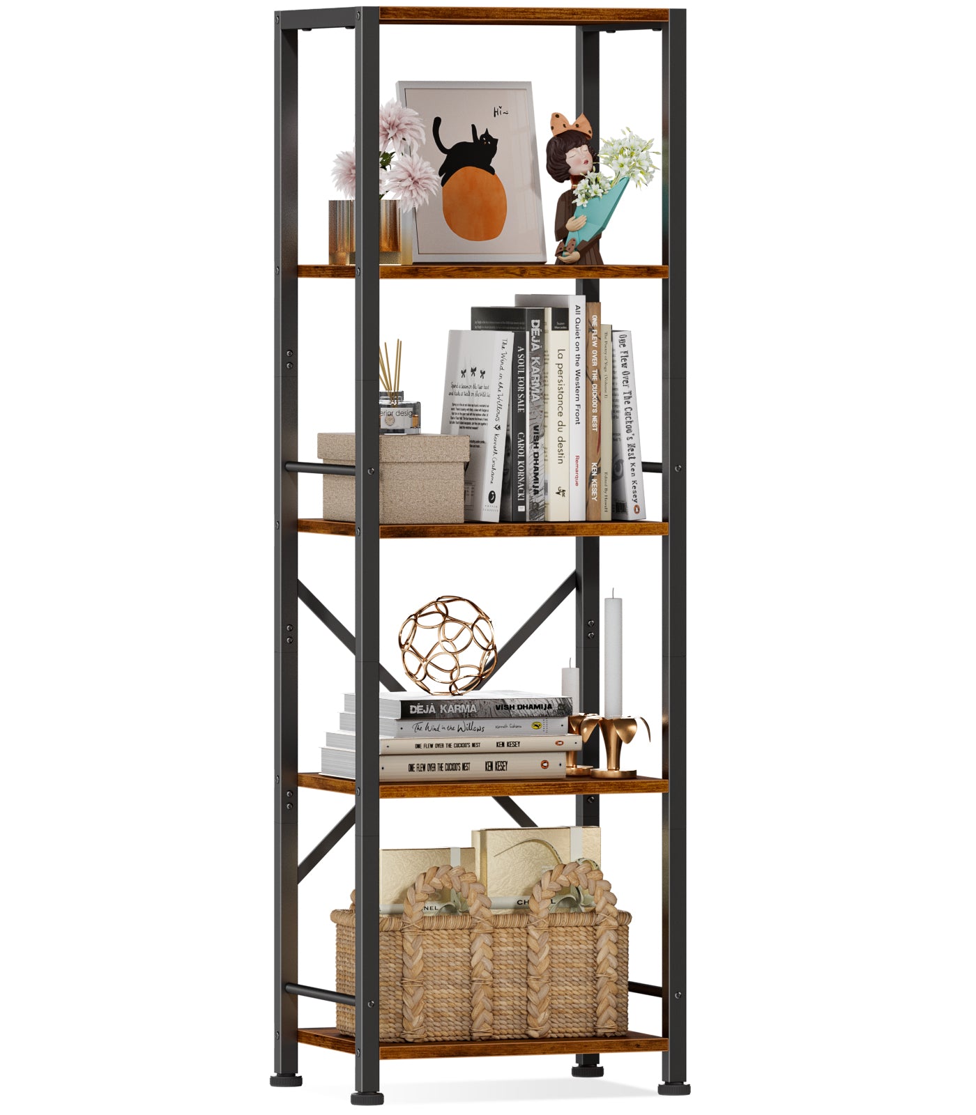 Furologee 5 Tier Tall Bookshelf, Rustic Narrow Bookcase